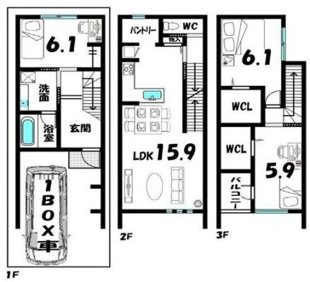 京都府京都市下京区梅小路東町の新築一戸建ての間取り